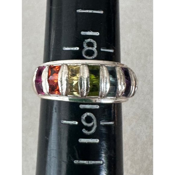 925 sterling silver white gold plated rainbow 14 genuine gemstones ring - Picture 2 of 10